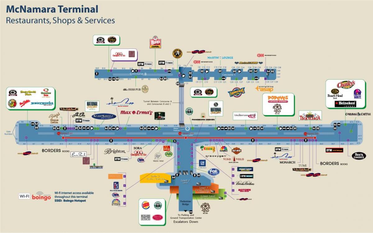 Detroit Airport restaurant mapa